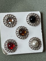 Vintage Lot Jelly Red Amber Black Faux Pearl &amp; Clear Round Cab in Silvertone Fra - £10.52 GBP