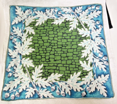 Vintage Hankie Brick Wall w Acorns &amp; Oak Leaves 15 Inches Blues Greens - $9.89