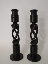 Pair Africa Nigeria Barley Twist 8.5&quot; Ebony Wood Candle Holders c1960&#39;s - $52.25
