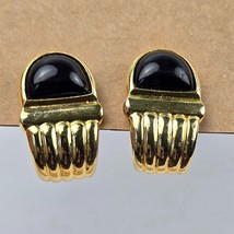 Vintage Earrings Clip On Black Cabochon Gold Tone Metal Costume Jewelry ... - $12.94