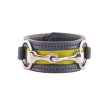 Equestrian Horse Snaffle Bit Two-Tone Navy Blue and Lime Green Leather Cuff Brac - £42.21 GBP