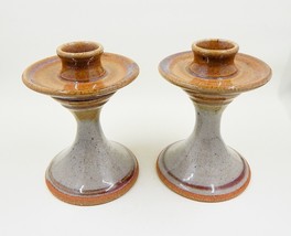 Art Pottery Candlestick Holder Pair Signed Brown Gray Glaze - $29.99