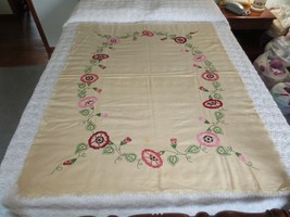 Antique MORNING GLORY VINE Embroidered MUSLIN/GAUZE Fringed TABLECLOTH-4... - $20.00