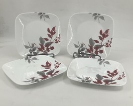 Corelle Kyoto 9” Square Lunch-Salad Plates Set of 4 Floral Burgandy Gray - £31.10 GBP