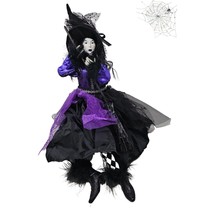 Halloween Witch 24&quot; Black and Purple with Black Broom Party Decor Wreath Center - £45.41 GBP