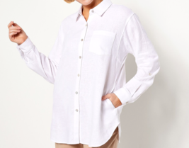 Susan Graver Pure Cross-Dyed Linen Blend Tunic Shirt - White, Petite XXS - £16.28 GBP