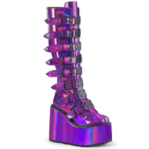 DEMONIA SWING-815 Wedge Platform Goth Purple Holographic Women Knee High Boots - £115.84 GBP