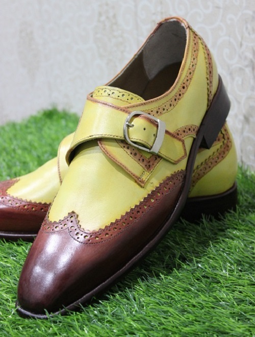 New Mens Handmade Shoes Brogue Style Yellow & Brown Shaded Leather Formal Dress