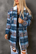 Multicolor Woolen Lining Plaid Brushed Long Coat - £50.78 GBP