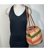 Vintage Sisal &amp; Leather Woven Handmade Oval Basket Market Shoulder Bag BOHO - $144.97