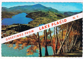 New York Postcard Lake Placid Greetings Dual View Whiteface Mt Mirror Lake - $2.96