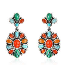 Orange Resin &amp; Turquoise Silver-Plated Oval Drop Earrings - £11.05 GBP
