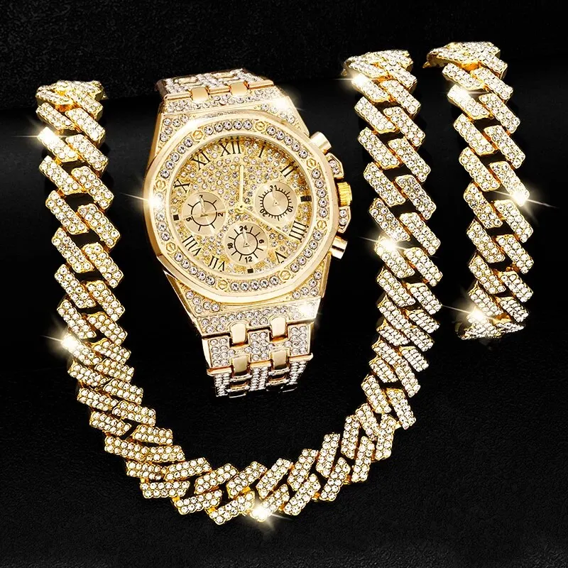 P hop miami cuban link chain set necklace watch bracelet creative iced out shiny trendy thumb200