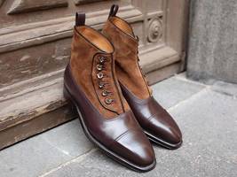Handmade Brown Suede and Plain Leather Cap Toe Button Boots for Men,Leather Boot - £103.78 GBP+