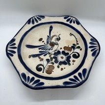 Textured hexagonal Tonalá wall plate with hand painted bird and flowers Pottery - $37.72