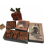 Halloween Plaque Box Signs Lot Witch Pumpkin Gone Batty humor Vintage Style - £23.51 GBP