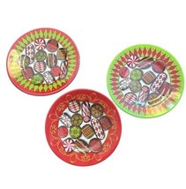 Merritt Melamine Holiday Candy Print Dessert Plates Set Of 3 Christmas Green Red - $20.67