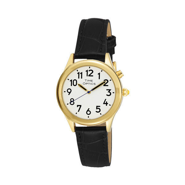 Ladies Deluxe Talking Wrist Watch Gold Tone with Alarm and Black Leather... - $56.43