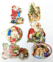 Victorian Santa Christmas Ornament Kids Pressed Cardboard Set of 6 1980 Vintage - £9.66 GBP