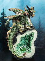 Metallic Green Iridescent Dragon On Faux Geode Rock Quartz Crystal Cove Figurine - £27.17 GBP