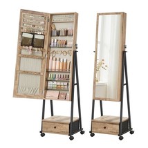 Industrial Modern Metal Wood Jewelry Armoire Cabinet Organizer Mirror on Wheels - £205.16 GBP