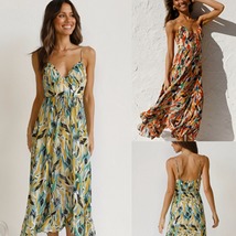 Women&#39;s Printed Wood Ruffle Slip Dress, Boho Sleeveless Dress, Beach Dress - $35.99