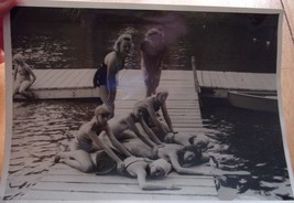 Bathing Beauties Practicing CPR At a Lake 1950s 5x7 Black &amp; White Photo Snapshot - £15.17 GBP