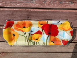 PEGGY KARR FUSED GLASS 3 SECTION RELISH TRAY DISH WILD POPPIES FLOWERS - $79.15