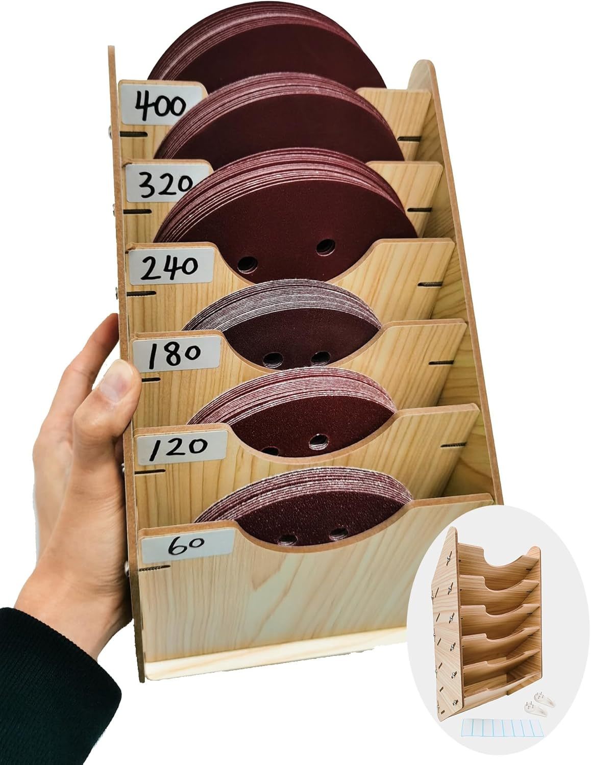 6-Tier Hanging Wooden Sandpaper Storage Holder, Sandpaper Organizer For,... - $30.93