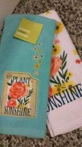2 Towels Kitchen Dish Hand Plant Sunshine Flowers Applique Garden Turquoise blue - £10.22 GBP