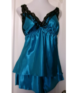 Cinema Etoile two piece shorty Set with lace trim Size 2X Teal Satin finish - $31.07 CAD