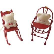 2 Avon Flocked Bears On Metal Chair Ornaments Christmas Red Rocking Vintage 80s - £10.00 GBP