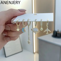  color copper zircon star moon planet airplane earrings for women dreamy lovely 6 piece thumb200