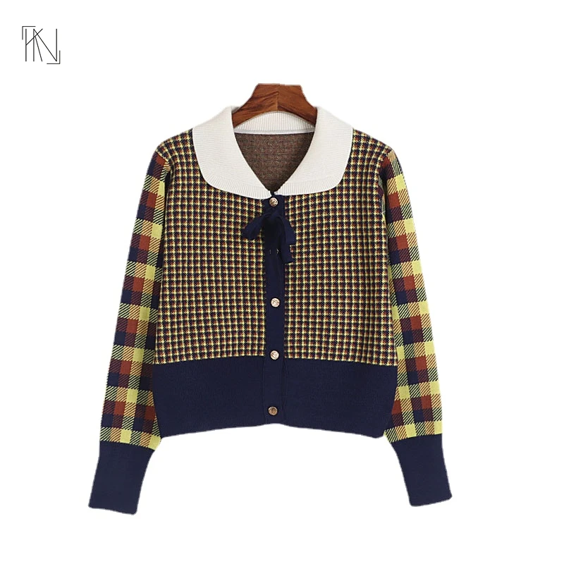 Bow Tie Color-blocked Plaid Long-sleeved  Cardigan  Autumn New Women French Doll - £159.90 GBP