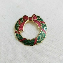 Fish Enterprises Christmas Wreath Bow Brooch Pin Enamel Green Red Gold Tone - £10.65 GBP