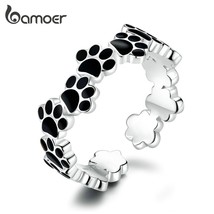 bamoer Authentic 925 Sterling Silver Black Enamel Dog Puppy Paw Ring Adjustable  - £14.21 GBP