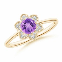 ANGARA Round Amethyst Cocktail Ring with Floral Diamond Halo in 14K Gold - £560.42 GBP