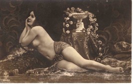 Original ~ 1910 French Postcard: Reclining nude with flower display - £35.05 GBP