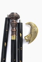 Antique Wooden Walking Cane Stick with Rare Victorian RAVEN &amp; Compass Ha... - £29.23 GBP