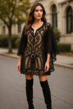Nasty Gal Black Lace Tunic Dress XS Sheer Bell Sleeve Lined Boho Gothic ... - $2,456.68 MXN
