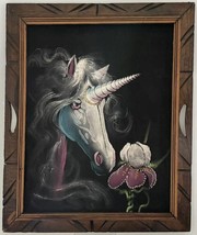 Vintage Wood Framed Velvet Unicorn Painting 24” X 20” 80s 90s Fantasy  Wall Art  - £67.73 GBP