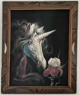 Vintage Wood Framed Velvet Unicorn Painting 24” X 20” 80s 90s Fantasy  W... - $118.14 CAD