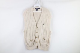 Vtg 90s Nautica Mens Large Linen Blend Cable Knit Cardigan Sweater Vest Beige - £38.91 GBP