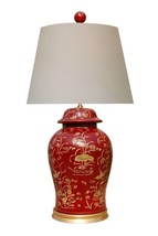 Oriental Red Lacquer Porcelain Temple Jar Table Lamp 32&quot; - £328.33 GBP