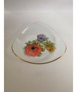 Small Hand Painted Glass Plate  Flowers Floral Triangular Gold Rim - £3.73 GBP