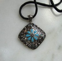 Sterling Silver Signed Turquoise Abalone Flower Pendant Rope Necklace C3549 - £38.05 GBP