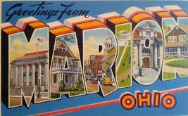 Greetings From Marion Ohio Flag Buildings Large Big Letter Postcard Linen Unused - $8.55