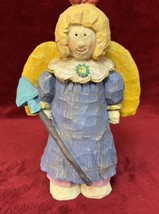Cute 10” Vintage Wooden Look Resin Angel With Red Bow &amp; Blue Dress - $14.85