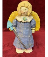Cute 10” Vintage Wooden Look Resin Angel With Red Bow &amp; Blue Dress - $20.83 CAD