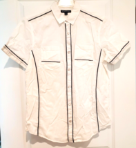 INC Intl Concepts Pearl Snap Shirt Mens M White Black Trim 100% Cotton S/Sleeve - £19.39 GBP
